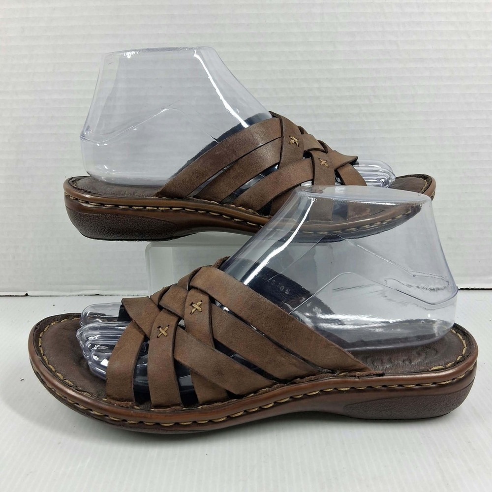Born Brown Leather Woven Multi Strap Slide Sandals Womens 7 / 38 Opanka Comfort